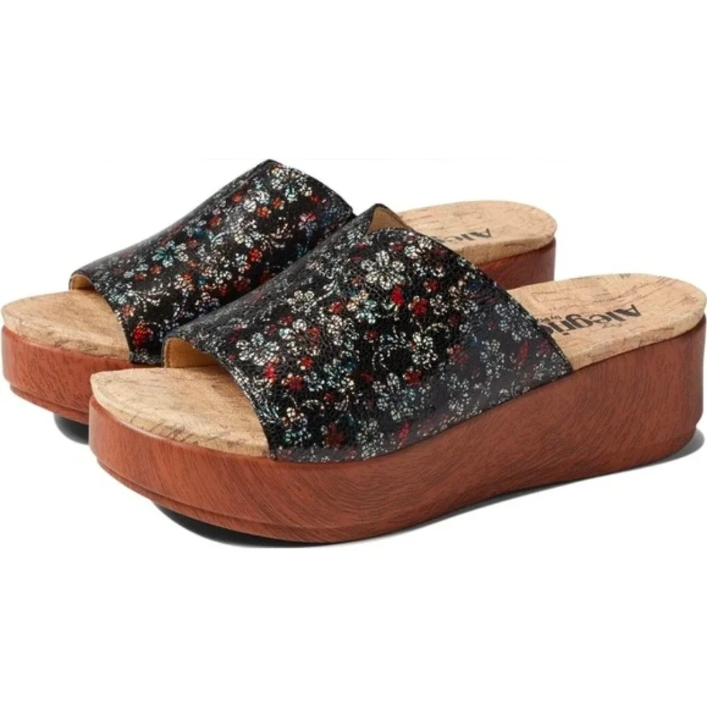 Alegria Womens Triniti Floral Leather Wedge Slide Sandals Black Multi 38
